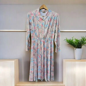 Vintage Sears Tan Beige Floral Dress Size L (38 Chest) No Belt Secretary Office